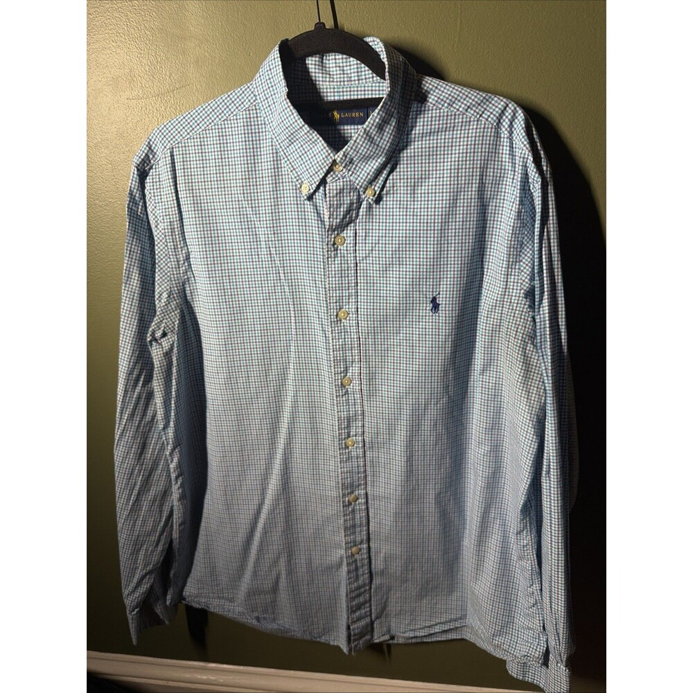 Polo Ralph Lauren Button Down Shirt Mens L Blue Green Gingham Plaid Long Sleeve